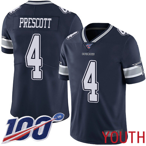 Youth Dallas Cowboys Limited Navy Blue Dak Prescott Home 4 100th Season Vapor Untouchable NFL Jersey